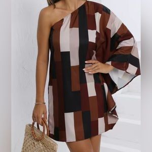 Color block one shoulder dress Coffee Size: XL (12)